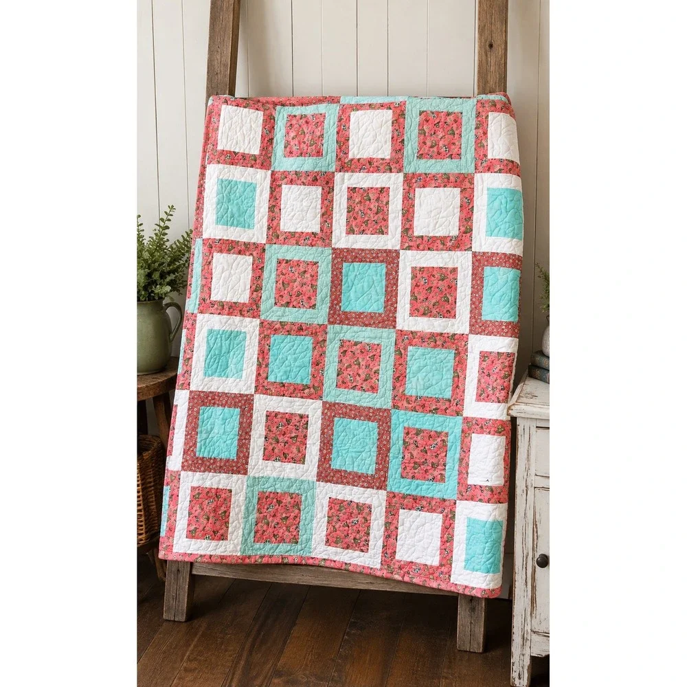 Handmade Patchwork Throw Quilt Coral Aqua Square Blocks 39x39